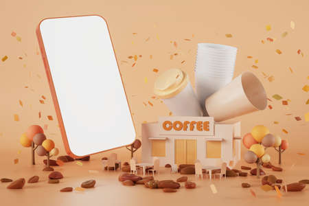 smartphone with a white screen. coffee shop application online. take away buy. online coffee order. 3d illustration. coffee cup menu. Caffe concept. drinking beverage option. autumn brown background.の写真素材