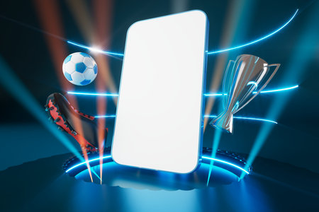 smartphone with a white screen. football ball on dark background. football shoes with the winner...