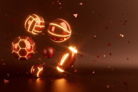 sport object design on blue background. gold winner cup and gold coin. sports ball concept design. 3d illustration. casino bet backdrop. football tennis volleyball golf symbols. game live online showの写真素材