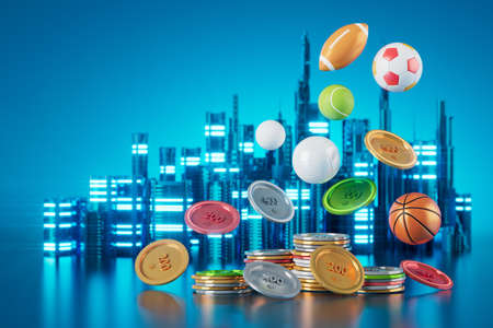 sport object design on blue background. gold winner cup and gold coin. sports ball concept design. 3d illustration. casino bet backdrop. football tennis volleyball golf symbols. game live online showの写真素材
