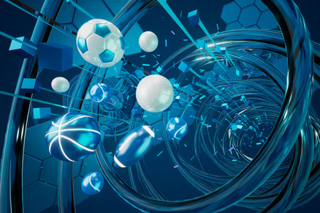 sport object design on blue background. gold winner cup and gold coin. sports ball concept design. 3d illustration. casino bet backdrop. football tennis volleyball golf symbols. game live online showの写真素材