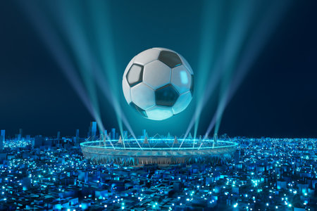 football ball object in the abstract background. light neon shape digital concept. ball symbol graphic sports. 3d illustrator. depth blur background. space night glitter effect. motion line designの写真素材