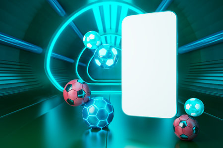 smartphone with a white screen. sports object on dark background. 3d copy space. live program...