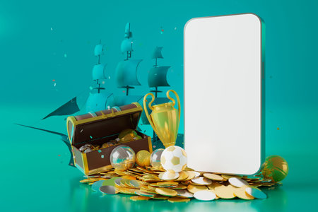 smartphone with a white screen. football ball on dark background. football shoes with the winner cup. 3d illustration. sport competition application online. online live app broadcast. soccer gameの写真素材