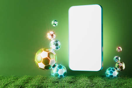 smartphone with a white screen. sports object on dark background. 3d copy space. live program online. 3d illustration. sport competition application online. online live app broadcast. soccer gameの写真素材