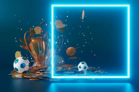 football ball object in the abstract background. light neon shape digital concept. ball symbol graphic sports. 3d illustrator. depth blur background. space night glitter effect. motion line designの写真素材