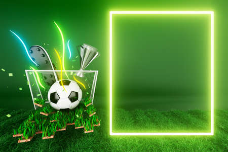 football ball object in the abstract background. light neon shape digital concept. ball symbol graphic sports. 3d illustrator. trophy cup element. space night glitter effect. copy space frame line.の写真素材
