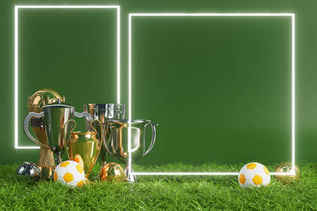 football ball object in the abstract background. light neon shape digital concept. ball symbol graphic sports. 3d illustrator. trophy cup element. space night glitter effect. copy space frame line.の写真素材