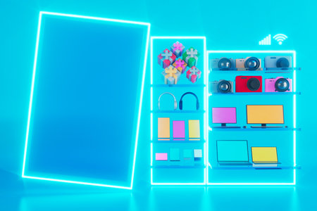 shopping online applications with frame copy space. shop app with a glowing background. shopping design. 3d illustration. supermarket concept. blue background. buy sell promote. 3d frame effect boardの写真素材