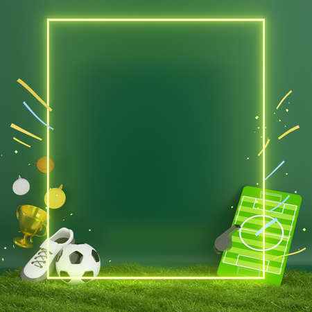 football ball object in the abstract background. light neon shape digital concept. ball symbol graphic sports. 3d illustrator. trophy cup element. space night glitter effect. copy space frame line.の写真素材