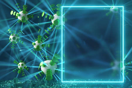 football ball object in the abstract background. light neon shape digital concept. ball symbol graphic sports. 3d illustrator. trophy cup element. space night glitter effect. copy space frame line.の写真素材