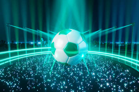 football ball object in the abstract background. light neon shape digital concept. ball symbol graphic sports. 3d illustrator. depth blur background. space night glitter effect. motion line designの写真素材