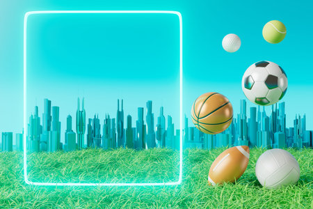 football ball object in the abstract background. light neon shape digital concept. ball symbol graphic sports. 3d illustrator. depth blur background. space night glitter effect. motion line designの写真素材