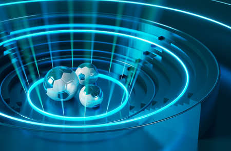 football ball object in the abstract background. light neon shape digital concept. ball symbol graphic sports. 3d illustrator. depth blur background. space night glitter effect. motion line designの写真素材