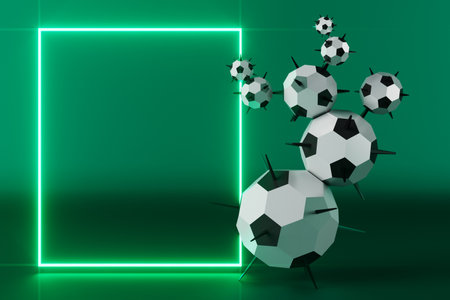 football ball object in the abstract background. light neon shape digital concept. ball symbol graphic sports. 3d illustrator. trophy cup element. space night glitter effect. copy space frame line.の写真素材