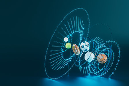 sport object design on blue background. gold winner cup and gold coin. sports ball concept design. 3d illustration. casino bet backdrop. football tennis volleyball golf symbols. game live online showの写真素材