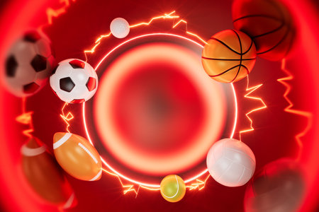 sports ball on sci-fi background. 3d illustrator. competition concept. casino backdrop design. 3d object. champion winner environment. football basketball volleyball golf tennis gameplay. copy space.の写真素材
