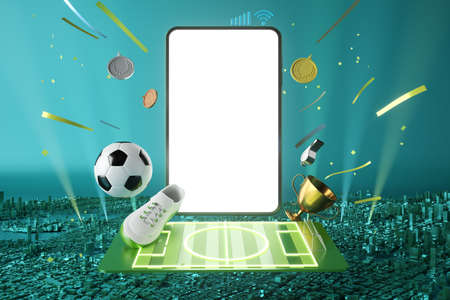 football ball with smartphone screen motion effect. sport concept design. 3d illustrator. blue background. sport online live. bet casino design. goal competition. 3d object render. motion graphic.の写真素材