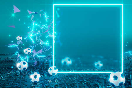 football ball object in the abstract background. light neon shape digital concept. ball symbol graphic sports. 3d illustrator. trophy cup element. space night glitter effect. copy space frame line.の写真素材