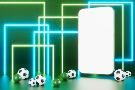 football ball with smartphone screen motion effect. sport concept design. 3d illustrator. blue background. sport online live. bet casino design. goal competition. 3d object render. motion graphic.の写真素材