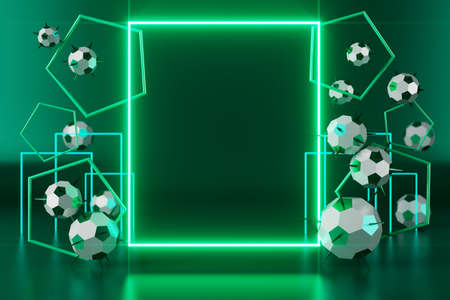 football ball object in the abstract background. light neon shape digital concept. ball symbol graphic sports. 3d illustrator. trophy cup element. space night glitter effect. copy space frame line.の写真素材