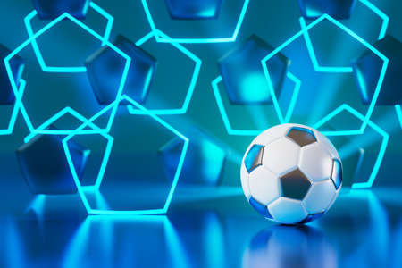 football ball object in the abstract background. light neon shape digital concept. ball symbol graphic sports. 3d illustrator. depth blur background. space night glitter effect. motion line designの写真素材