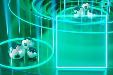 football ball object in the abstract background. light neon shape digital concept. ball symbol graphic sports. 3d illustrator. trophy cup element. space night glitter effect. copy space frame line.の写真素材