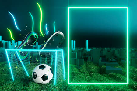 football ball object in the abstract background. light neon shape digital concept. ball symbol graphic sports. 3d illustrator. trophy cup element. space night glitter effect. copy space frame line.の写真素材