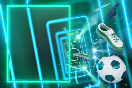 football ball object in the abstract background. light neon shape digital concept. ball symbol graphic sports. 3d illustrator. trophy cup element. space night glitter effect. copy space frame line.の写真素材