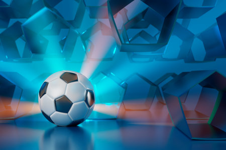 football 3d object in the abstract background, arena concept design, copy space, 3d illustration, glow neon light text frame, 3d rendering element, soccer game sport, sports equipment, realistic ballの写真素材