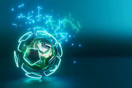 football ball object in the abstract background. light neon shape digital concept. ball symbol graphic sports. 3d illustrator. depth blur background. space night glitter effect. motion line designの写真素材