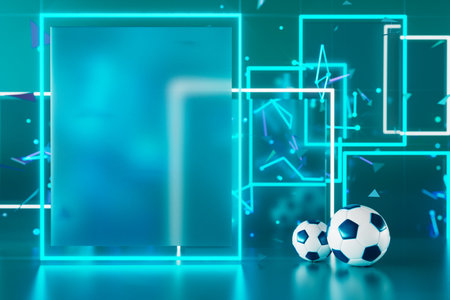 football 3d object in the abstract background, arena concept design, copy space, 3d illustration, glow neon light text frame, 3d rendering element, soccer game sport, sports equipment, realistic ballの写真素材
