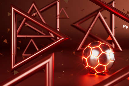 football 3d object in the abstract background, arena concept design, copy space, 3d illustration, glow neon light text frame, 3d rendering element, soccer game sport, sports equipment, realistic ballの写真素材