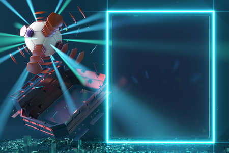 football 3d object in the abstract background, arena concept design, copy space, 3d illustration, glow neon light text frame, 3d rendering element, soccer game sport, sports equipment, realistic ballの写真素材