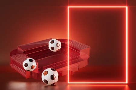 football 3d object in the abstract background, arena concept design, copy space, 3d illustration, glow neon light text frame, 3d rendering element, soccer game sport, sports equipment, realistic ballの写真素材