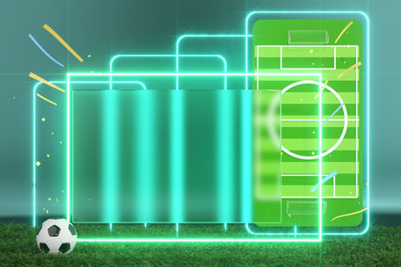 football 3d object in the abstract background, arena concept design, copy space, 3d illustration, glow neon light text frame, 3d rendering element, soccer game sport, sports equipment, realistic ballの写真素材