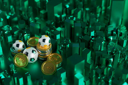 football 3d object in the abstract background, arena concept design, copy space, 3d illustration, glow neon light text frame, 3d rendering element, soccer game sport, sports equipment, realistic ballの写真素材