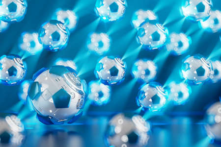 football 3d object in the abstract background, arena concept design, copy space, 3d illustration, glow neon light text frame, 3d rendering element, soccer game sport, sports equipment, realistic ballの写真素材