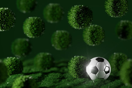 football 3d object in the abstract background, arena concept design, copy space, 3d illustration, glow neon light text frame, 3d rendering element, soccer game sport, sports equipment, realistic ballの写真素材