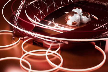 football 3d object in the abstract background, arena concept design, copy space, 3d illustration, glow neon light text frame, 3d rendering element, soccer game sport, sports equipment, realistic ballの写真素材