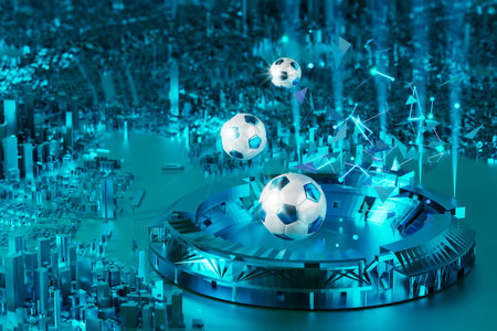 football 3d object in the abstract background, arena concept design, copy space, 3d illustration, glow neon light text frame, 3d rendering element, soccer game sport, sports equipment, realistic ballの写真素材