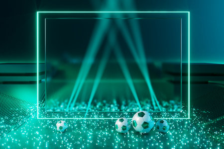 football 3d object in the abstract background, arena concept design, copy space, 3d illustration, glow neon light text frame, 3d rendering element, soccer game sport, sports equipment, realistic ballの写真素材
