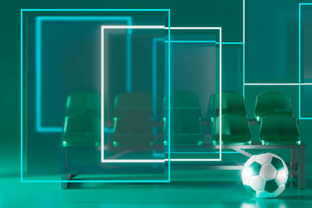 football 3d object in the abstract background, arena concept design, copy space, 3d illustration, glow neon light text frame, 3d rendering element, soccer game sport, sports equipment, realistic ballの写真素材