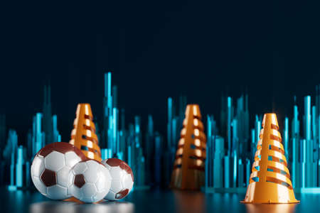 football 3d object in the abstract background, arena concept design, copy space, 3d illustration, glow neon light text frame, 3d rendering element, soccer game sport, sports equipment, realistic ballの写真素材