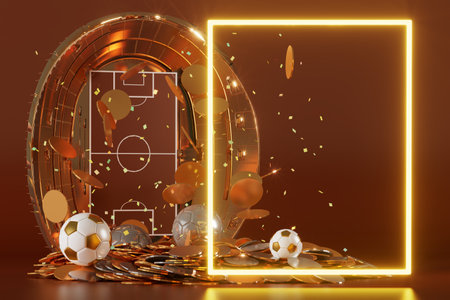 football 3d object in the abstract background, arena concept design, copy space, 3d illustration, glow neon light text frame, 3d rendering element, soccer game sport, sports equipment, realistic ballの写真素材