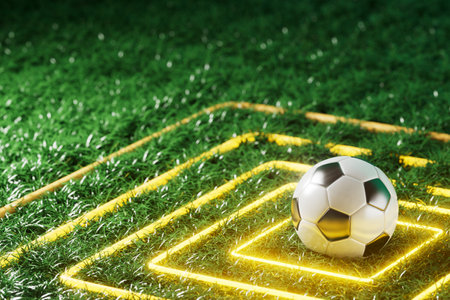 football 3d object in the abstract background, arena concept design, copy space, 3d illustration, glow neon light text frame, 3d rendering element, soccer game sport, sports equipment, realistic ballの写真素材