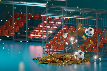 football 3d object in the abstract background, arena concept design, copy space, 3d illustration, glow neon light text frame, 3d rendering element, soccer game sport, sports equipment, realistic ballの写真素材