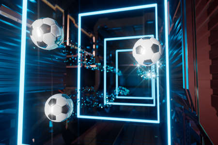 football 3d object in the abstract background, arena concept design, copy space, 3d illustration, glow neon light text frame, 3d rendering element, soccer game sport, sports equipment, realistic ballの写真素材