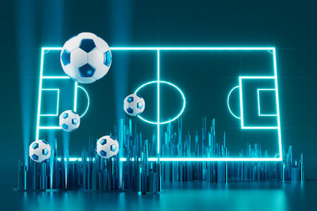 football 3d object in the abstract background, arena concept design, copy space, 3d illustration, glow neon light text frame, 3d rendering element, soccer game sport, sports equipment, realistic ballの写真素材