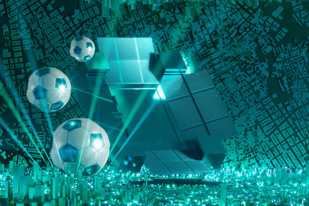 football ball object in the abstract background. light neon shape digital concept. ball symbol graphic sports. 3d illustrator. depth blur background. space night glitter effect. motion line designの写真素材